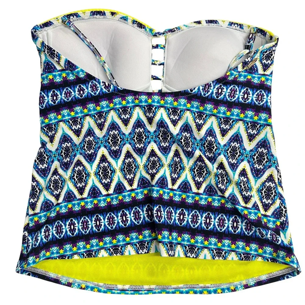 Jessica Simpson Tankini Swimsuit Set L Blue Tribal‎ Print Bandeau Boho Resort